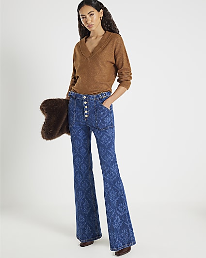 Blue Paisley Relaxed Flared Jeans