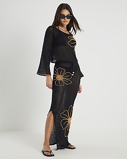 Black Flower Beach Maxi Skirt