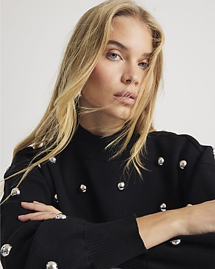 Black Stud Embellished High Neck Jumper