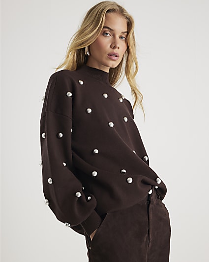 Brown Stud Embellished High Neck Jumper