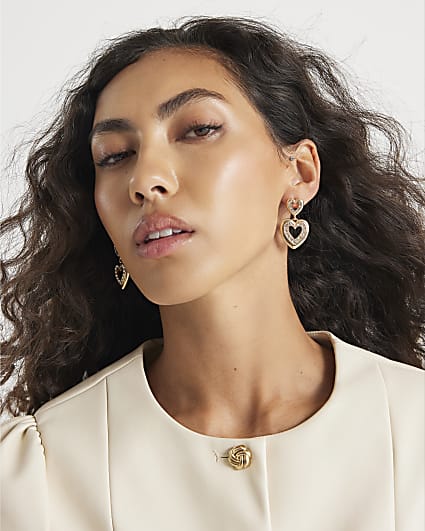 Gold Diamante Double Heart Drop Earrings