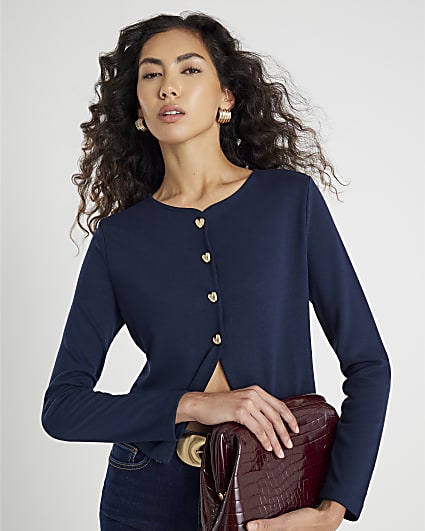 Navy Long Sleeve Cropped Heart Waistcoat