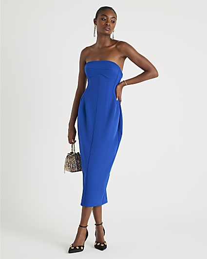 Blue Sleeveless Bodycon Bandeau Midi Dress