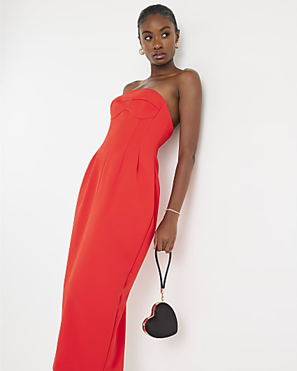 Red Sleeveless Bodycon Bandeau Midi Dress