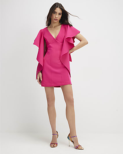 Pink Sleeveless Ruffle Shoulder Mini Dress