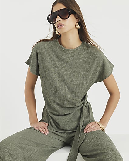 Khaki Textured Tie Detail T-shirt