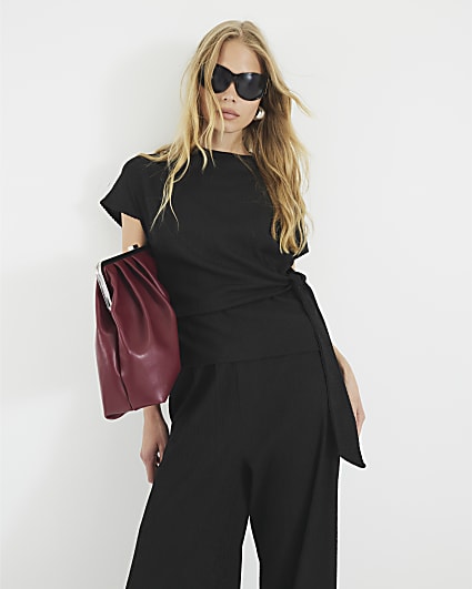 Black Short Sleeve Textured Tie Waist T-shirt