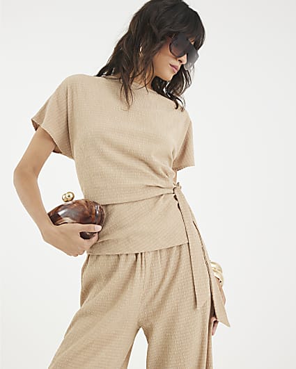 Beige Short Sleeve Textured Tie Waist T-shirt