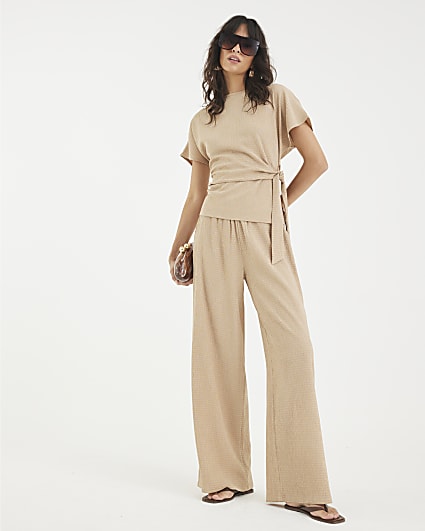 Beige Textured Wide Leg Trousers