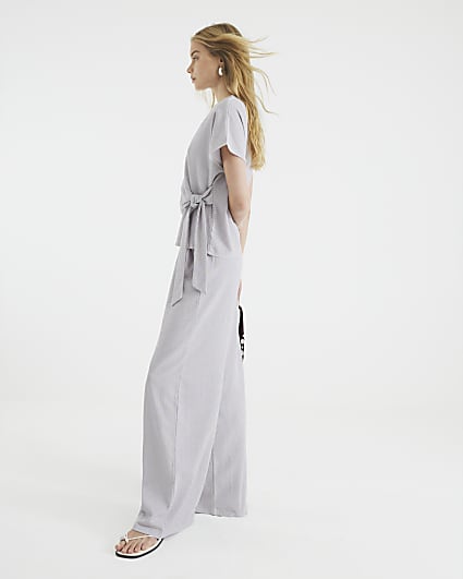 Grey Textured Wide Leg Trousers