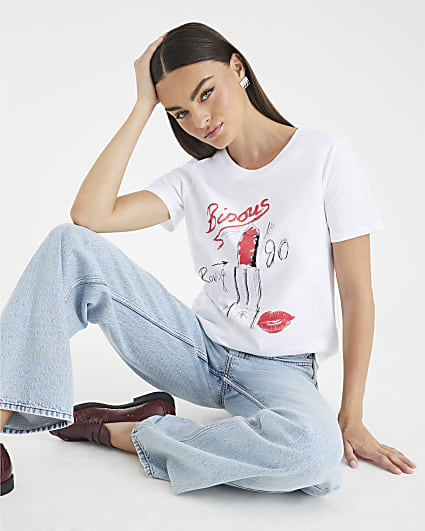 White Short Sleeve Lipstick Diamante T-shirt