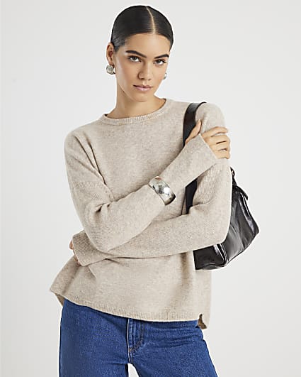 Beige Curved Hem Jumper
