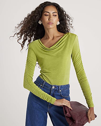 Green Ruched Sleeve Diamante Bodysuit