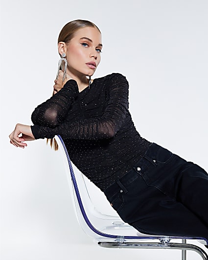 Black Long Sleeve Ruched Diamante Top