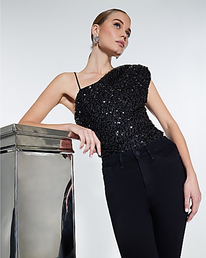 Black Sleeveless One Shoulder Sequin Bodysuit