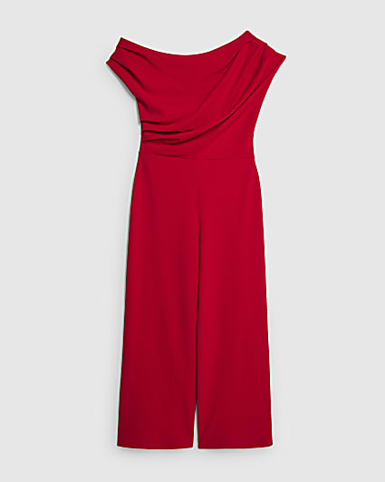 Petite Red One Shoulder Drape Jumpsuit