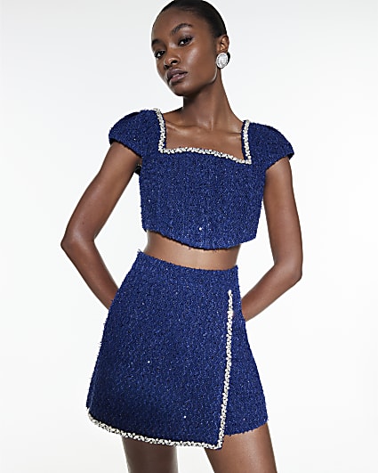 Navy Boucle Short Sleeve Embellished Crop Top