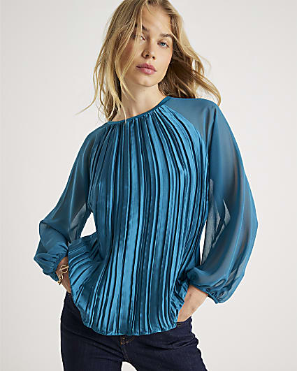 Blue Jersey Back Pleated Long Sleeve Top