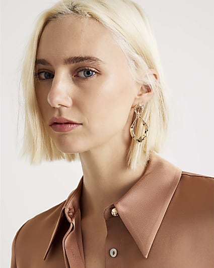 Gold Hammered Oval Drop Earrings