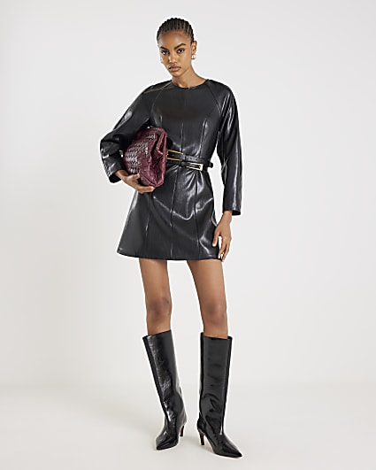 Black faux leather Long Sleeve Mini Dress