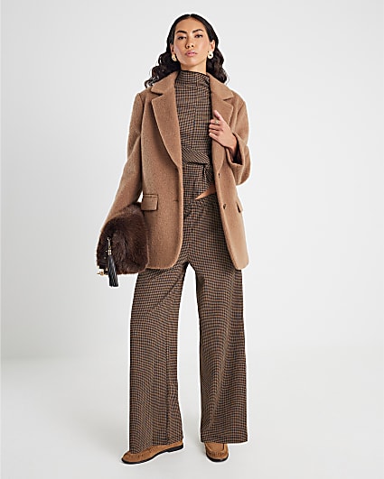 Brown Check Wide Leg Trousers