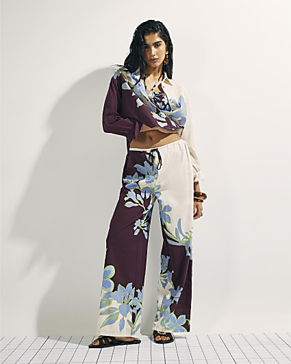Cream Floral Wide Leg Beach Trousers