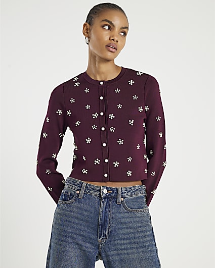 Red Long sleeve Embellished Cardigan