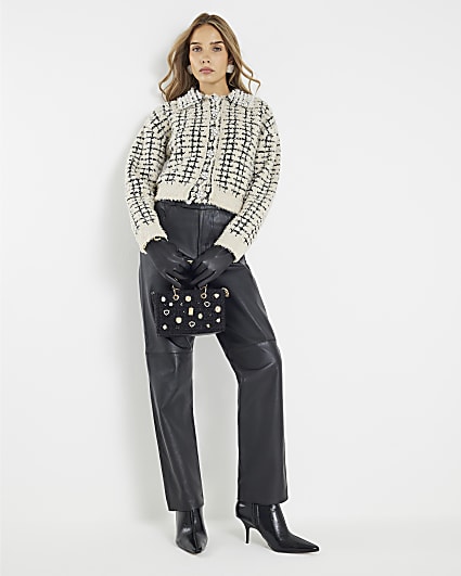Cream Boucle Knit Pearl Trim Cardigan