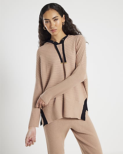 Brown Knitted Ribbed Hoodie