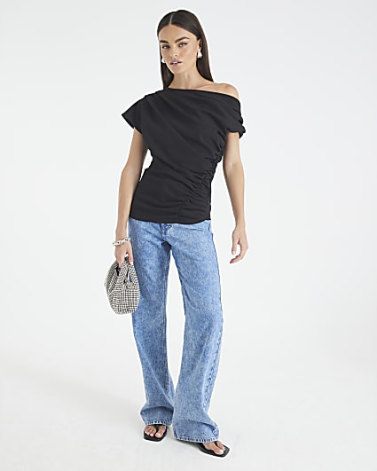 Black Short Sleeve Ruched Top