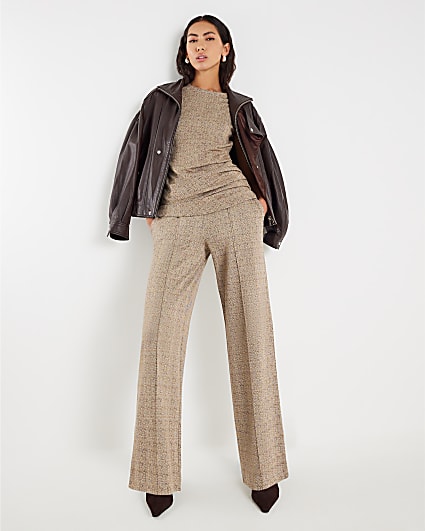 Brown Herringbone Wide Leg Trousers