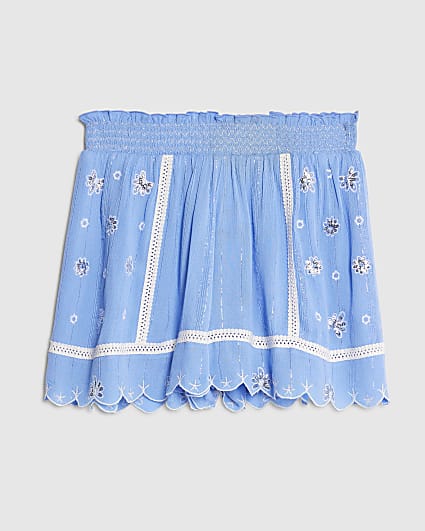 Blue Lace Trim Embroidered Beach Shorts