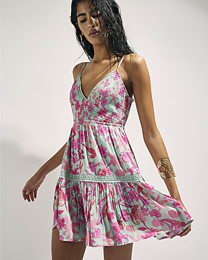 Green Floral Shirred Mini Beach Dress