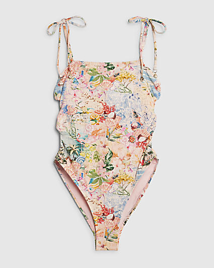 Pink Graphic Print Tie Strap Swimsuit