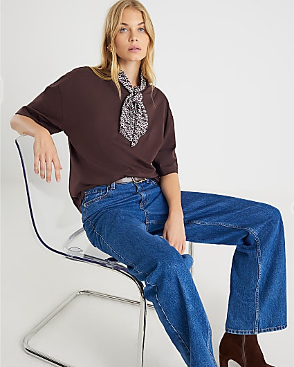 Brown Short Sleeve Scarf Detail T-shirt