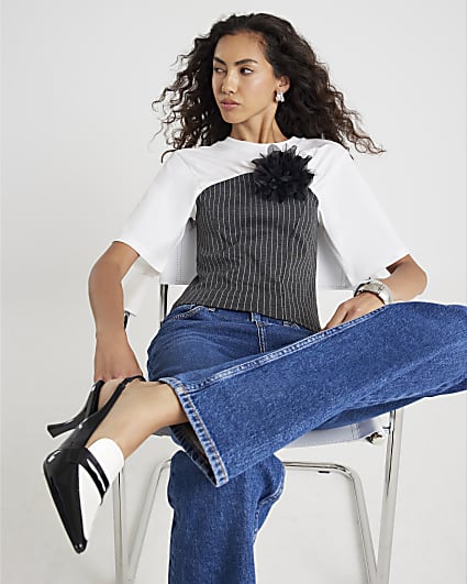 White Short Sleeve Pinstripe Hybrid T-shirt