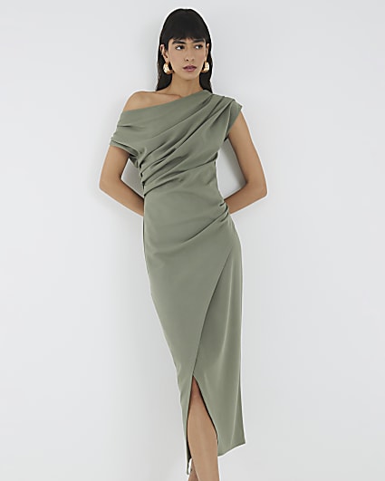 Khaki Asymmetric Draped Wrap Midi Dress