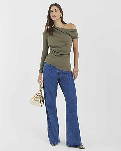 Khaki Long Sleeve Asymmetric Drape Top