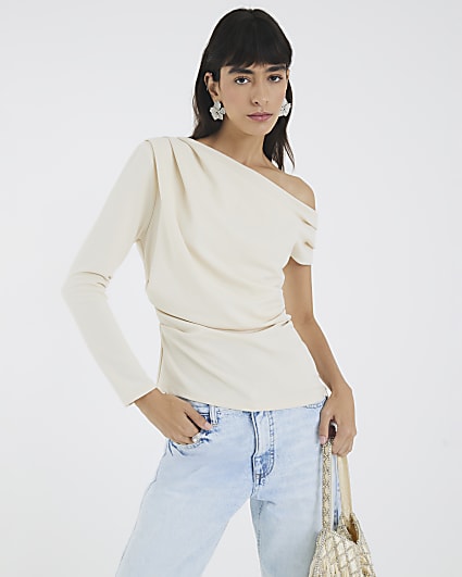 Cream Long Sleeve Asymmetric Drape Top