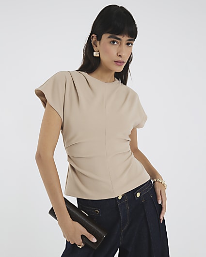 Beige Short Sleeve Ruched Top