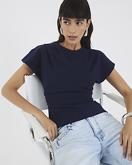 Navy Short Sleeve Ruched Top