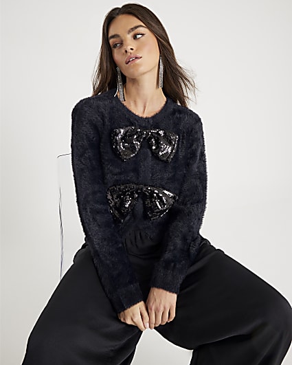 Black Long Sleeve Sequin Bow Fluffy Cardigan