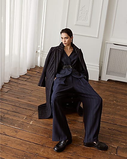 Navy Pinstripe Low Waist Belted Trousers