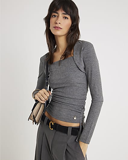 Grey Long Sleeve Ruched Side Ribbed Top