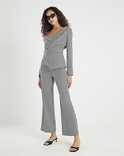 Black Dogtooth Print Flared Trousers