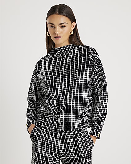 Black Long Sleeve Boucle Check Top