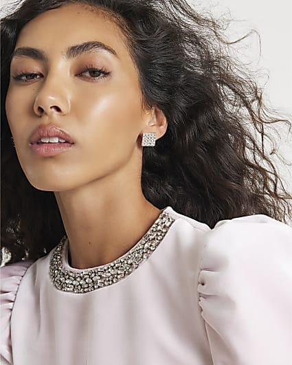 Silver Square Diamante Stud Earrings