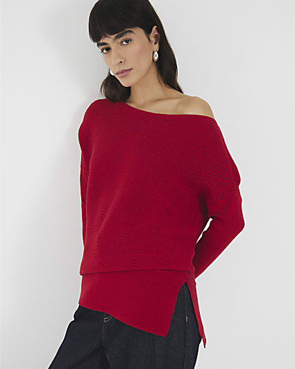 Red Cable Stitch Asymmetric Jumper