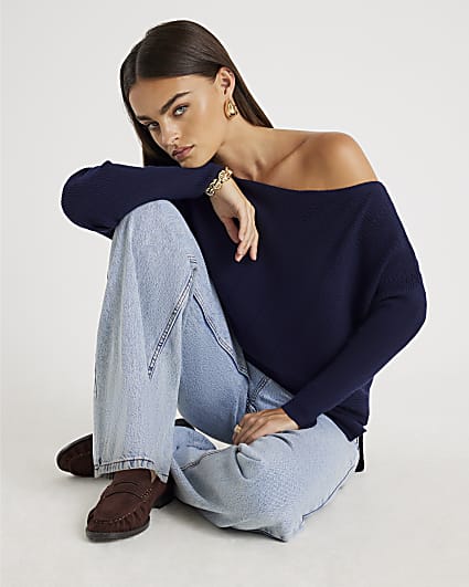 Navy Knitted Asymmetric Jumper