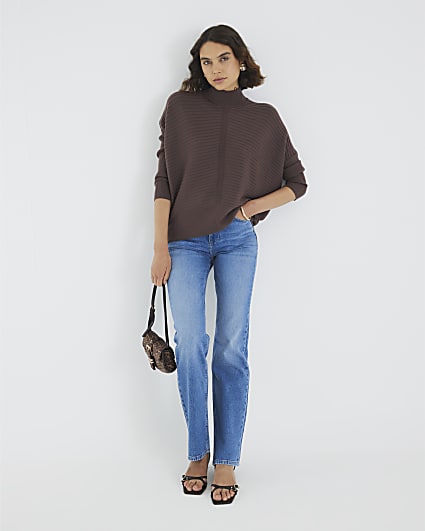 Brown Knitted High Neck Ribbed Jumper